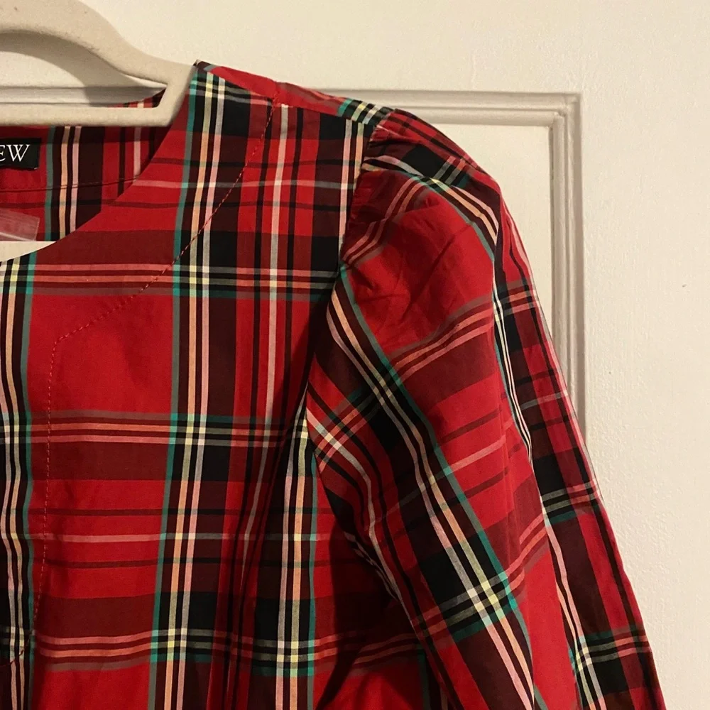 NWT J. Crew Puff-sleeve Poplin Top Good Tidings Plaid Red Size Medium